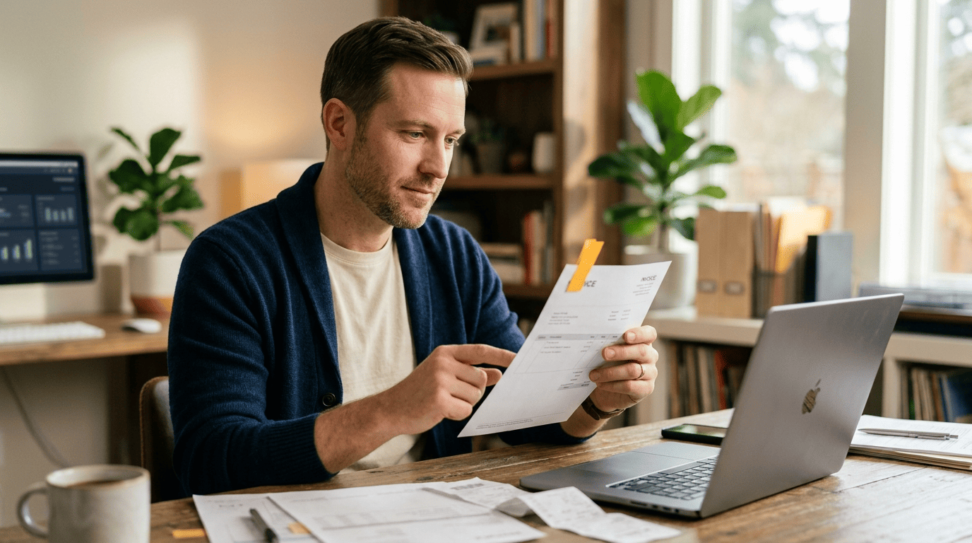An accountant examining a single invoice flagged with an amber tab among other papers