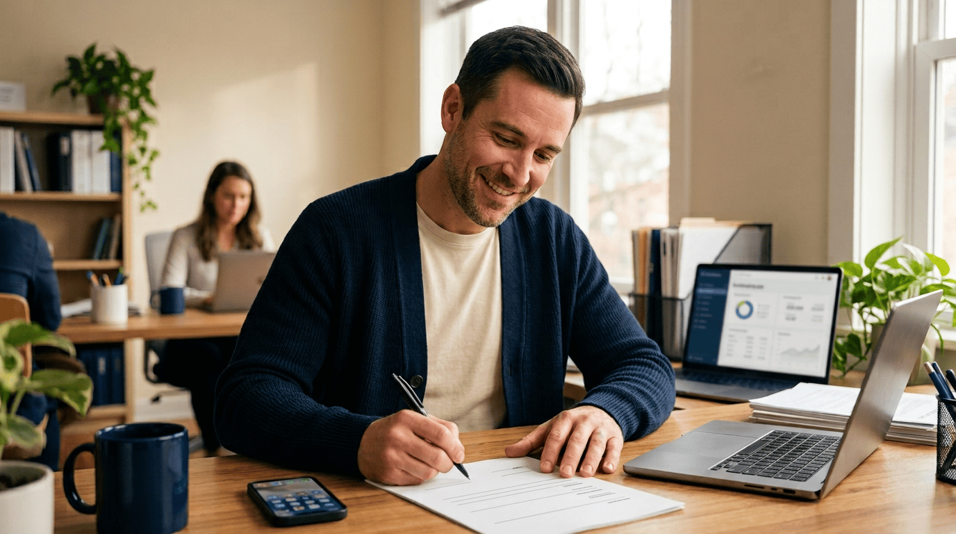 An accountant reviewing and signing a printed financial statement by hand at his desk