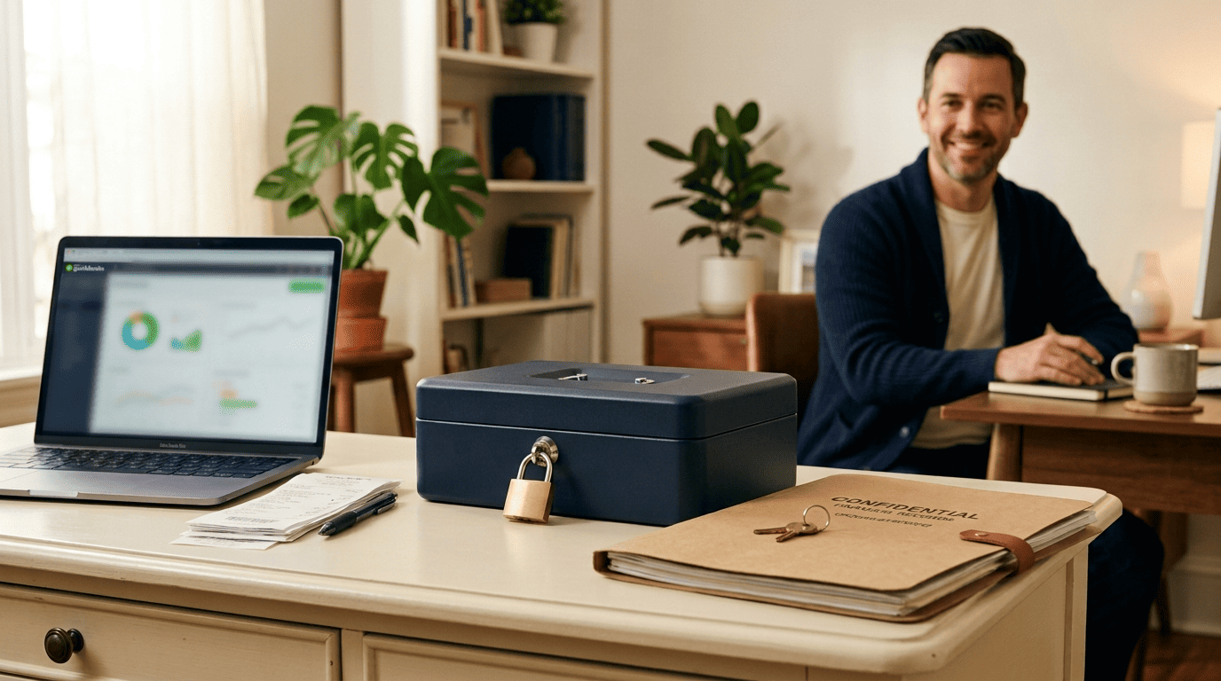 A locked box and a confidential folder of financial documents on a desk beside a laptop