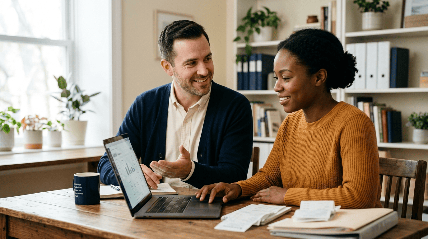 Friendly accountant helper and a small-business owner reviewing the books together on a laptop