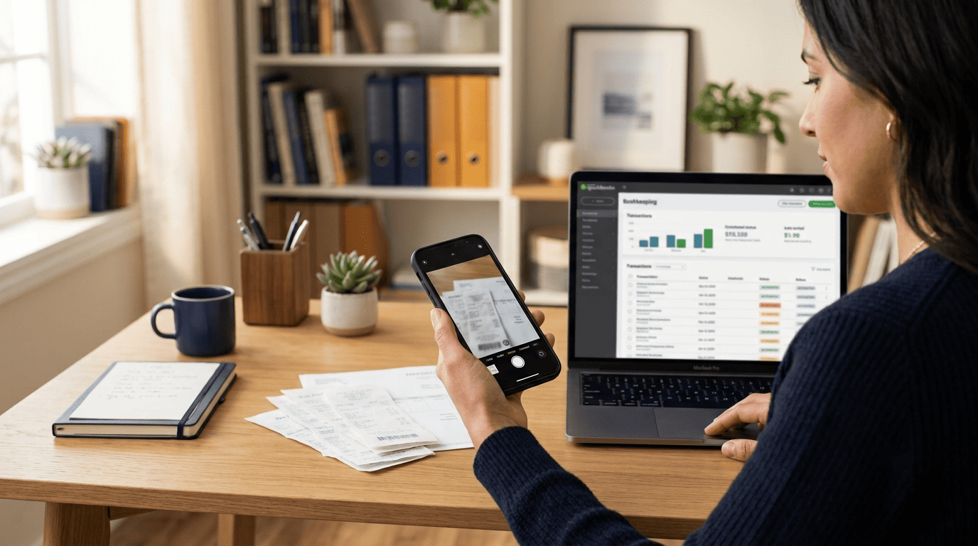 A phone capturing paper receipts beside a laptop bookkeeping dashboard auto-sorting transactions
