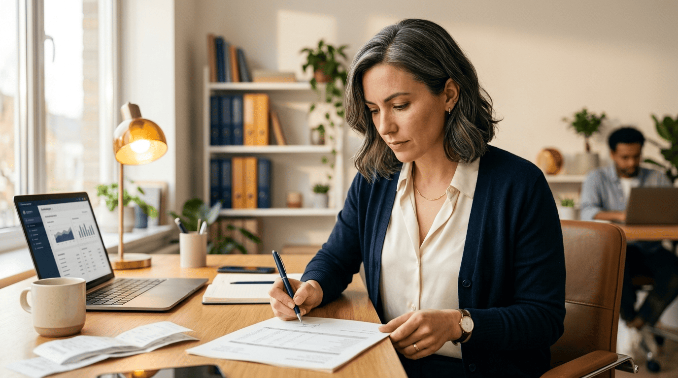 An accountant carefully reviewing and signing a printed financial report at a desk