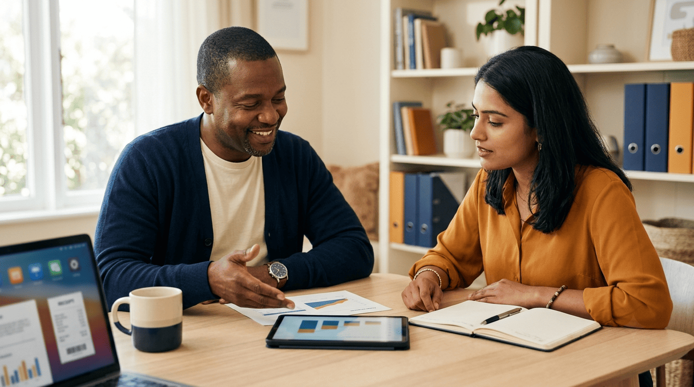 An accountant advising a freelance client over a tablet showing an upward trend