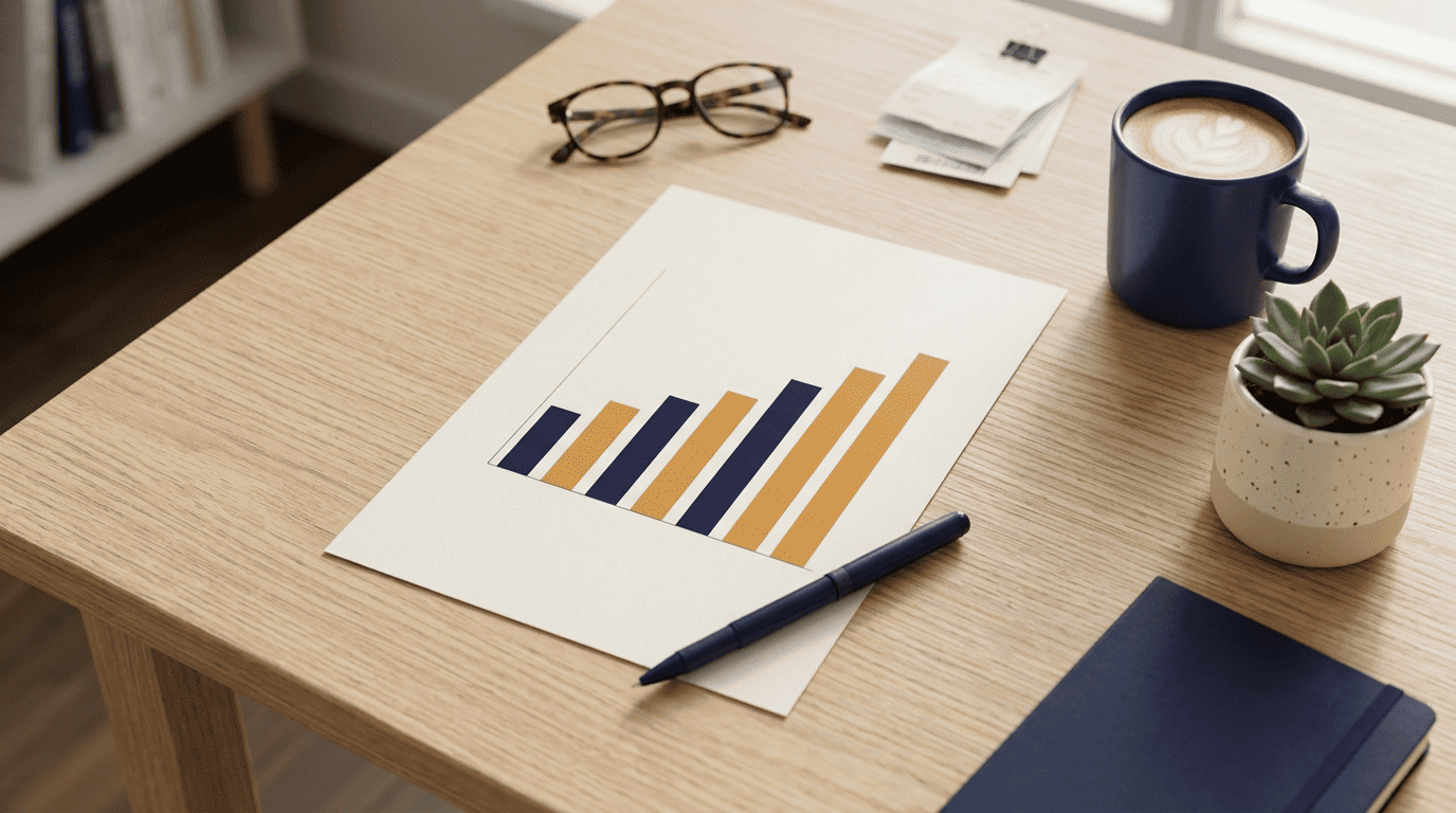 Desk flat-lay with a printed upward bar chart, coffee and notebook in navy and amber