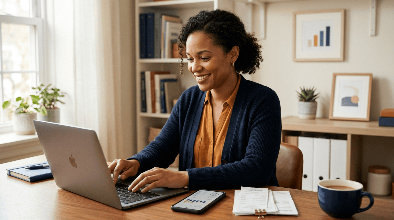 A freelancer managing day-to-day bookkeeping on a laptop and phone in a small studio